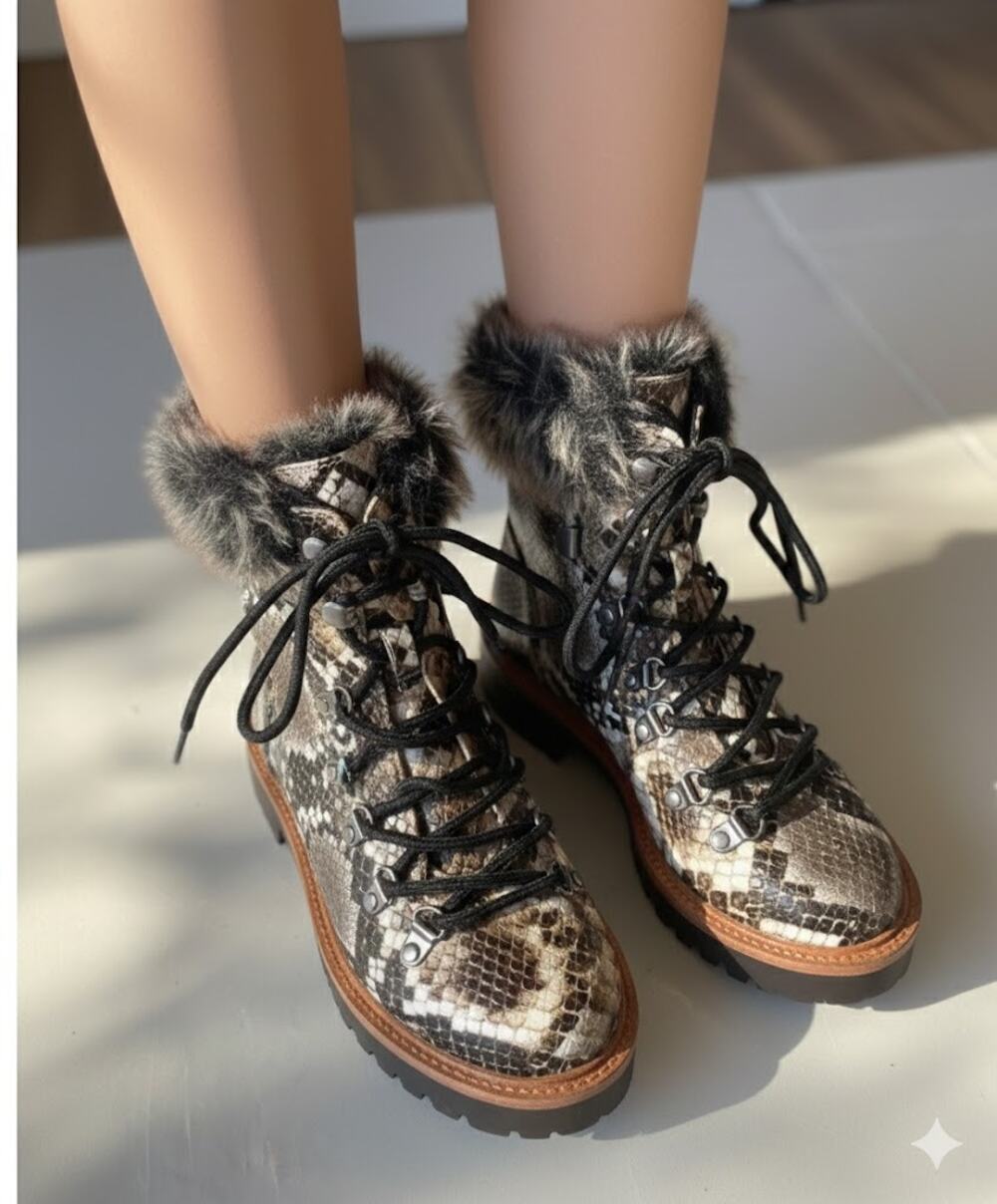 STEVE MADDEN Everest Snakeskin Lug Sole Ankle Combat Boots Faux Fur Trim 5M